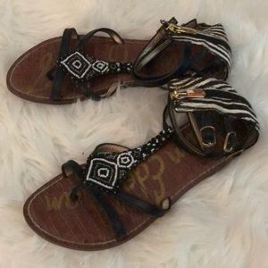 Anthropologie- beaded ankle strap sandals